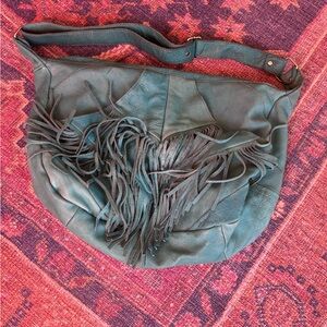 Chic Teal Leather Shoulder Bag with Fringe